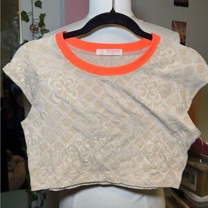 FP Beach Cream Lace Crop Top with Orange Trim